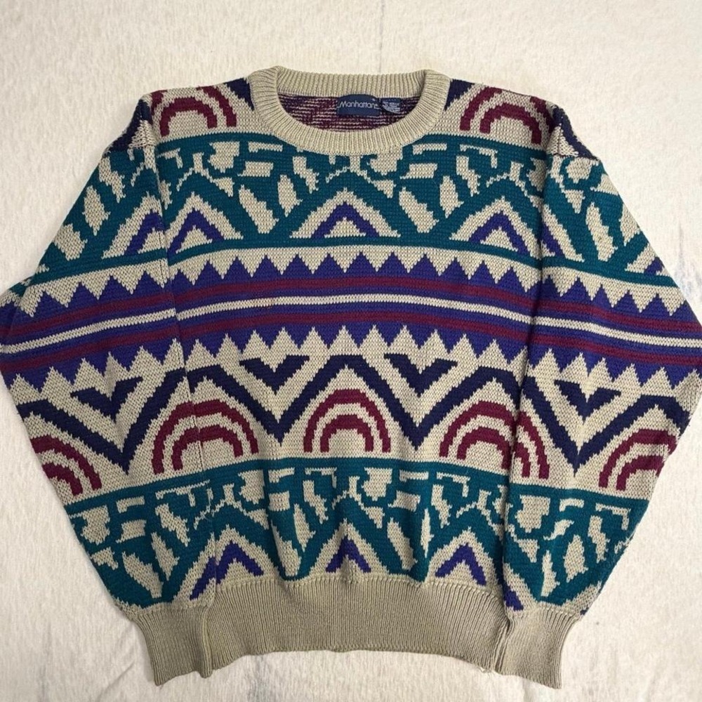 Vintage Manhattan Knit Sweater Geometric Aztec Pattern Beige Teal‎ Small